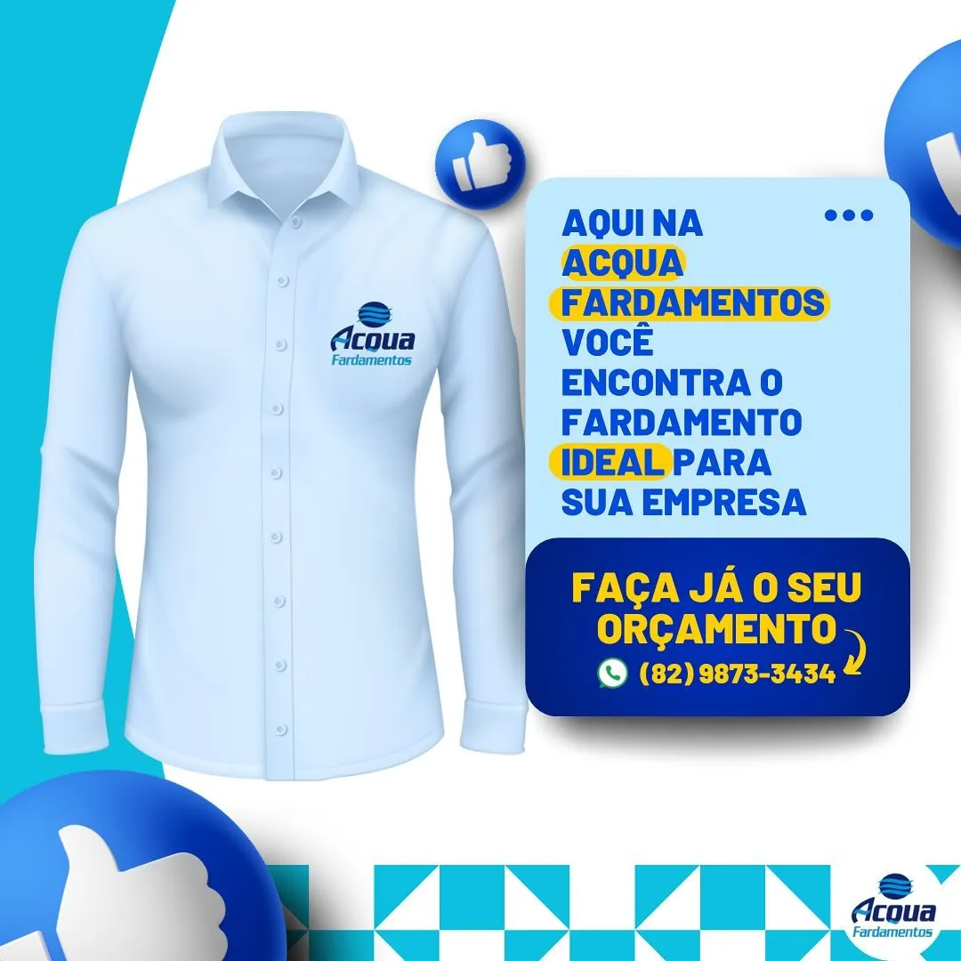 Camisa social corporativa azul-clara com logomarca da Acqua Fardamentos bordada